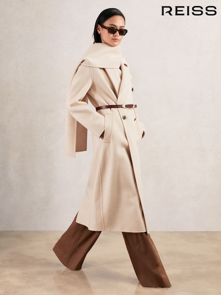 Reiss Cream Indira Petite Wool-Blend Scarf Blindseam Coat (W46463) | €570