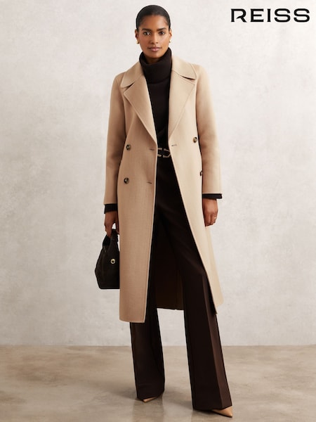 Reiss Neutral Rene Double-Breasted Blindseam Coat Wool-Blend (W46469) | SGD 965