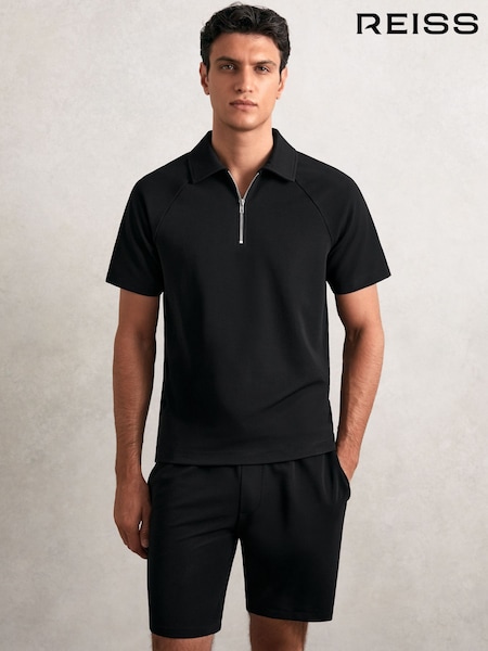 Reiss Black Winston Textured Raglan Half-Zip Polo Shirt (W46560) | €95