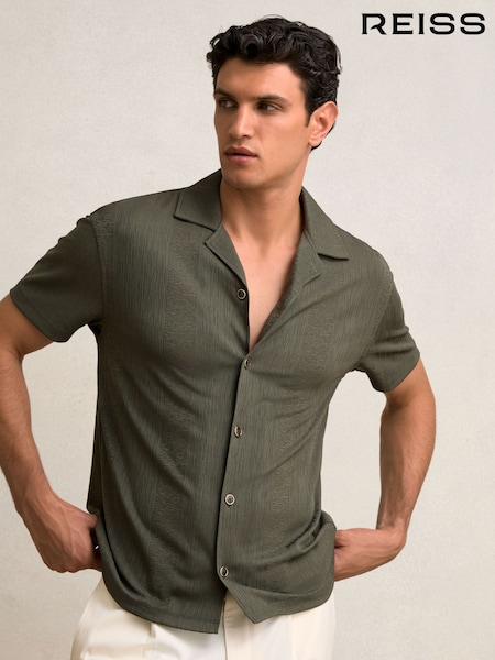 Verde închis - Reiss Ando Jacquard-Stripe Cuban-Collar Shirt (W46572) | 644 LEI