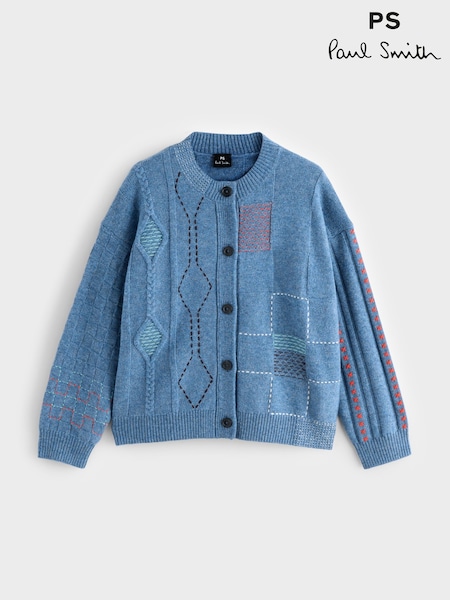 PS Paul Smith Blue Embroidered Floral Print Button Through Wool Blend Knit Cardigan (W46620) | €408