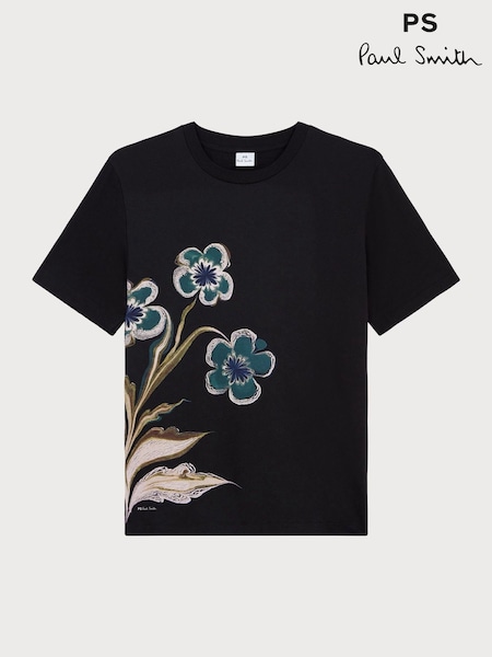 PS Paul Smith Botanical Embroidered Floral Print Jersey Black T-Shirt (W46691) | 140 €