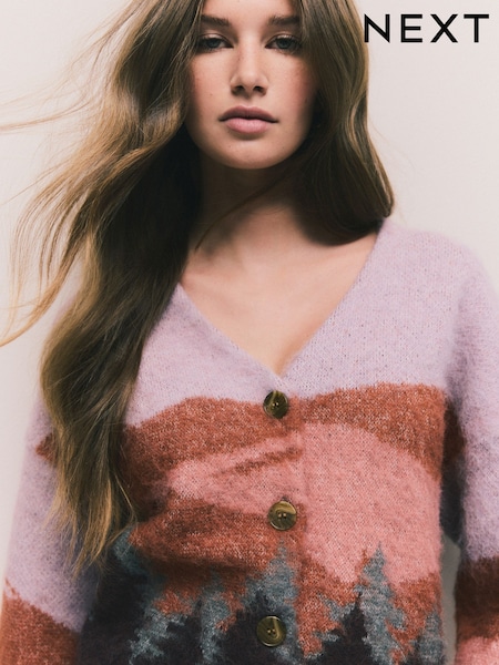 Purple and Orange Mountain Scene Brushed V-Neck Cardigan (W46702) | €59.50