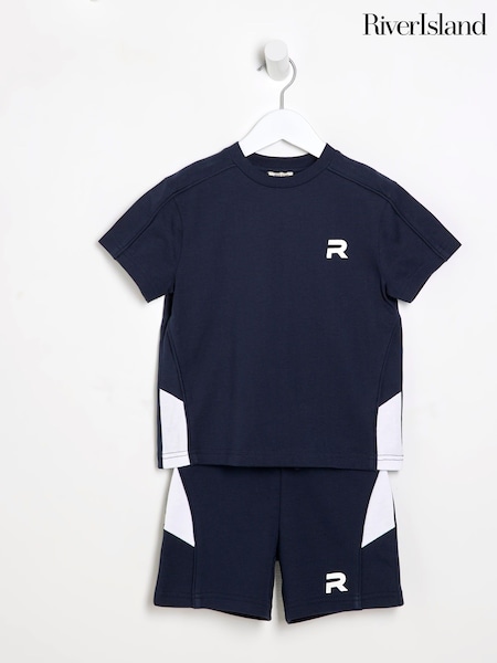 River Island Blue Boys Block Piped T-Shirt and Shorts Set (W46808) | €26