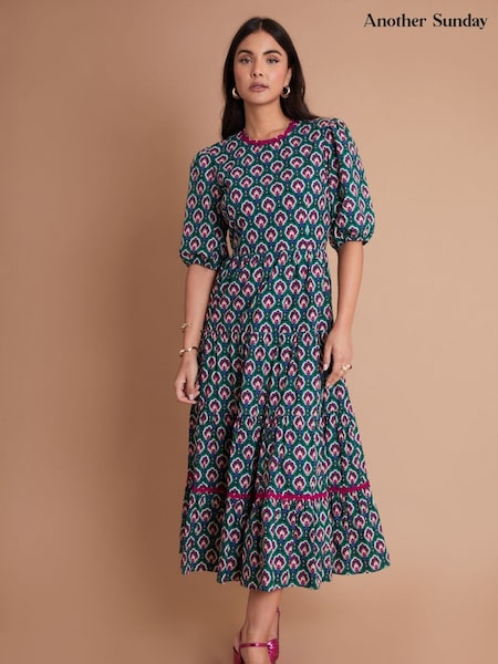 Another Sunday Green Poplin Short Puff Sleeve Tiered Smock 100% Cotton Midi Dress (W46896) | 287 QAR