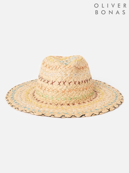 Oliver Bonas Cream Embroidered Cowboy Straw Fedora Hat (W46969) | €42