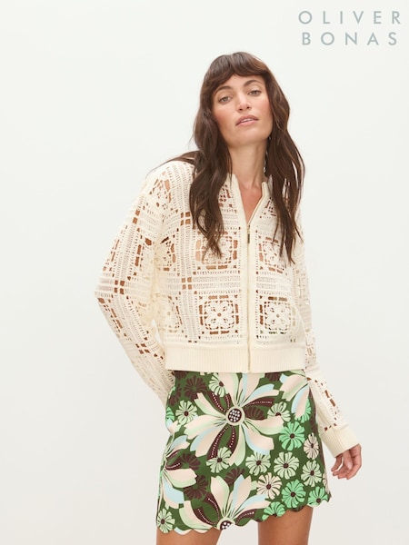Valkoinen - Oliver Bonas Virkattu Granny Square vetoketjullinen Neuletakki (W46977) | €107