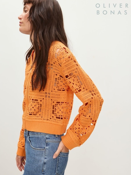 Oranssi - Oliver Bonas Virkattu Granny Square vetoketjullinen Neuletakki (W46979) | €107