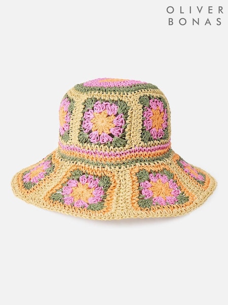 Oliver Bonas Pink Crochet Flower Straw Bucket Hat (W46990) | €49