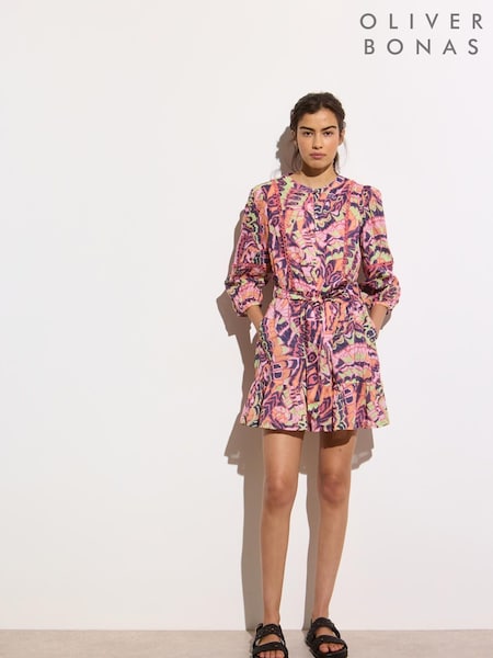 Oliver Bonas Pink Abstract Tiered 100% Cotton Mini Dress (W46992) | €103