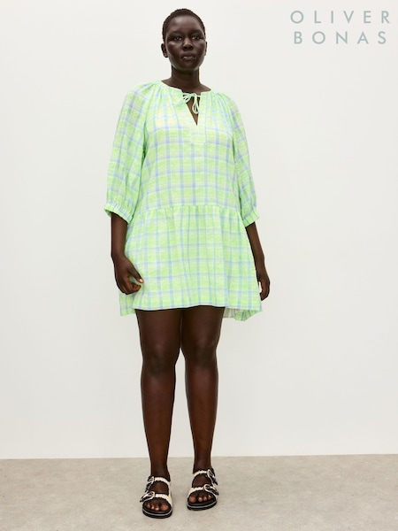 Oliver Bonas Green & Blue Neon Checked Tiered Mini Dress (W46999) | €99