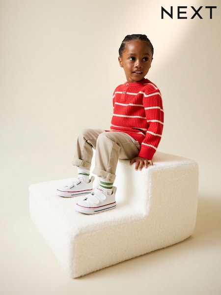 Red/Ecru Knitted Stripe Henley Jumper (3mths-7yrs) (W47022) | R$ 125 - R$ 145