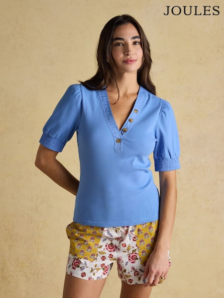 Tabitha Blue Ribbed V Neck Top With Puff Sleeves (W47257) | €46