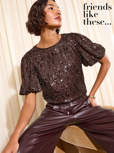 Friends Like These Chocolate Brown Puff Sleeve Sequin Blouse With Ribbon Tie (W47440) | €81