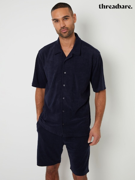 Blue - Threadbare Towelling Revere Collar Short Sleeve Shirt (W47485) | 179 LEI
