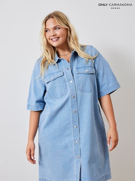 ONLY Curve Blue Short Sleeve Button Down Denim Dress (W47489) | €77