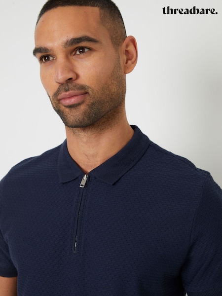 Threadbare Navy Textured Quarter Zip 100% Cotton Polo Shirt (W47493) | €27