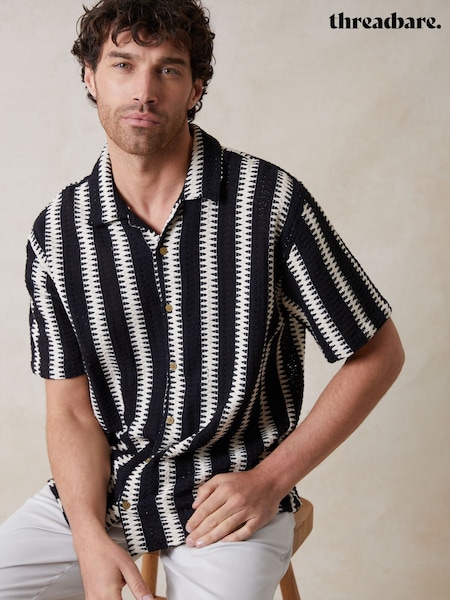 Negru - Threadbare Relaxed Fit Crochet Short Sleeve Shirt (W47500) | 179 LEI