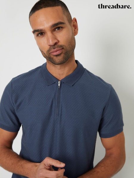 Threadbare Denim Blue Textured Quarter Zip 100% Cotton Polo Shirt (W47512) | €28
