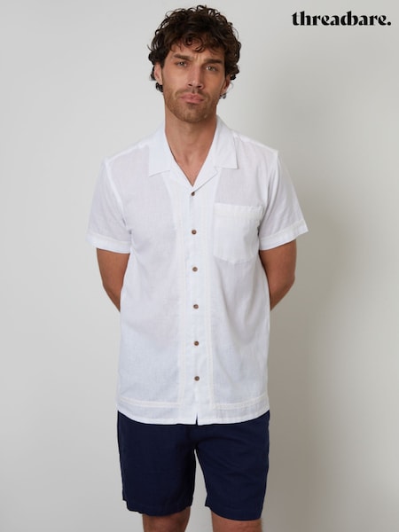 Threadbare White Linen Blend Crochet Lace Short Sleeve Shirt (W47514) | €34