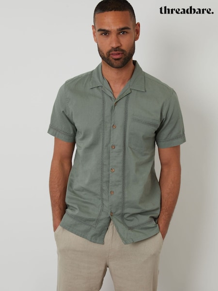 Verde - Threadbare Linen Blend Crochet Lace Short Sleeve Shirt (W47515) | 179 LEI