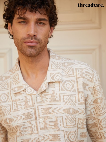 Threadbare Cream Relaxed Fit Printed Textured Short Sleeve Shirt (W47539) | €37