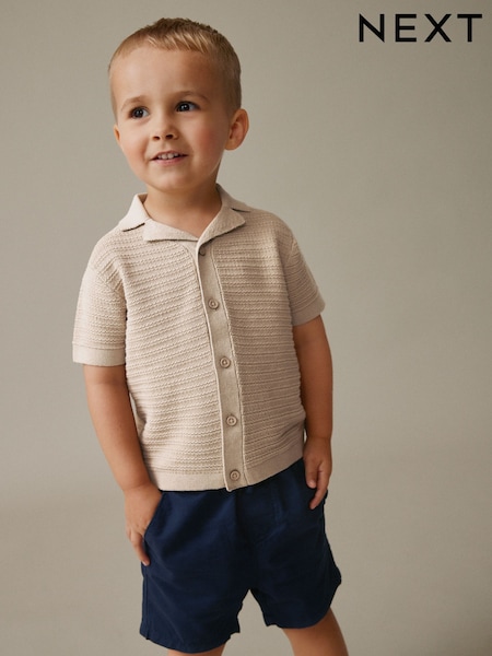 Neutral Revere Collar Short Sleeve Knitted Polo Shirt (3mths-7yrs) (W47841) | 71 SAR - 83 SAR