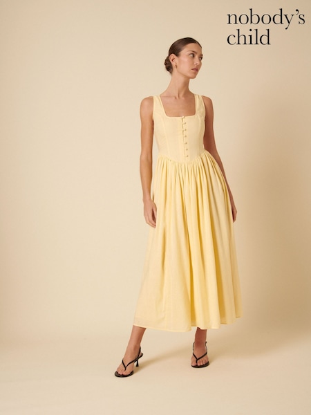 Nobodys Child Yellow Linen Blend Cora Square Neck Midi Dress (W47925) | €101