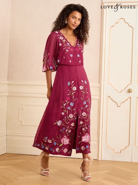 Berry Red - Rochie midi Love & Roses cu guler brodat în formă de scoică și mânecă 3/4 din Țesătură dobby (W47952) | 663 LEI
