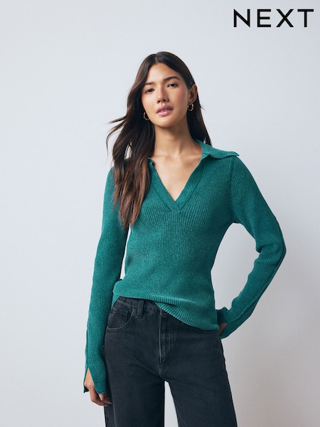 Teal Blue Chenille Ribbed Polo Neck Jumper (W47986) | €38
