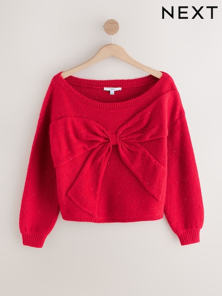 Cherry Red Off Shoulder Bow Jumper With Sequins (W47987) | €47