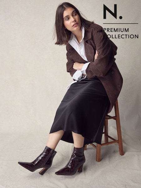 Burgundy Red Croc Embossed N. Premium Chisel Toe Curved Heel Ankle Boots (W48073) | AED482