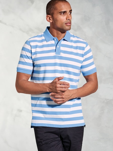Brook Taverner Blue Bold Stripe Pique 100% Cotton Polo Shirt (W48342) | AED291