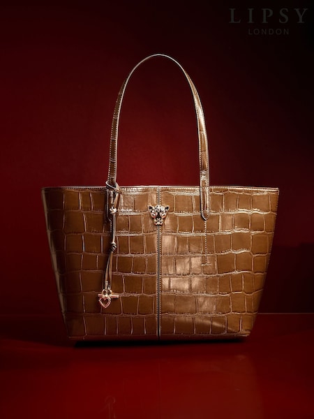 Lipsy Chocolate Brown Croc Effect Shopper Tote Bag (W48407) | €61.50