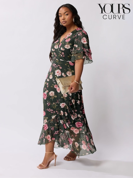 Yours Curve Green London Wrap Ruffle Mesh Dress (W48512) | €89