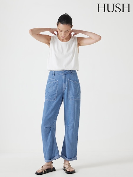 Hush Light Blue Chambray Cordi Barrel Leg Trousers (W48548) | €114