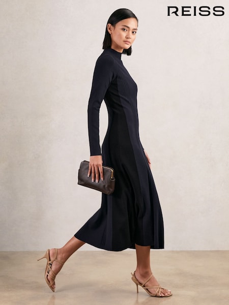 Reiss Navy/Black Zaya Knitted Contrast-Panel Midi Dress (W48841) | AED1,296