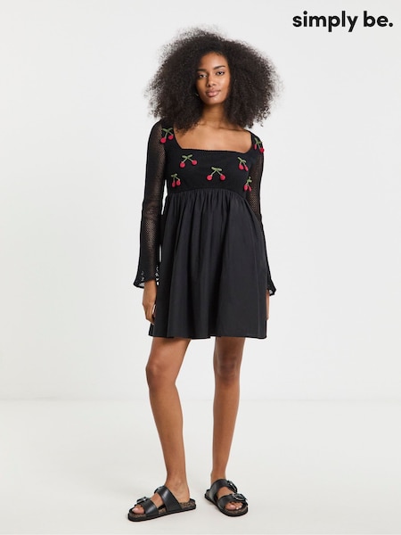 Simply Be Black Embroidered Crochet Skater Dress (W48862) | €66