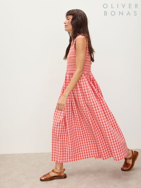 Oliver Bonas Pink Gingham Shirred Bodice V-Neck 100% Cotton Midi Dress (W48866) | €102