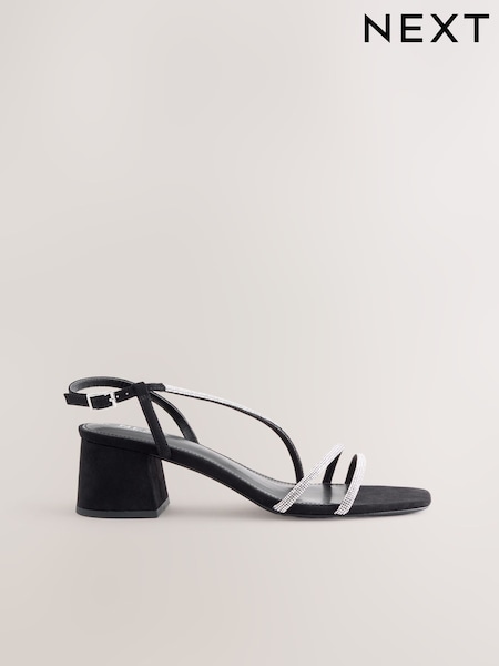 Black Forever Comfort Square Toe Jewelled Strappy Block Heeled Sandals (W48968) | AED151
