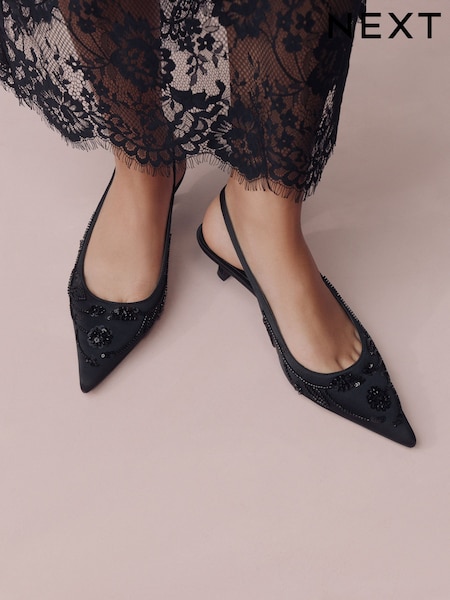 Black Forever Comfort Satin Beaded Slingback Kitten Heels (W48986) | €54