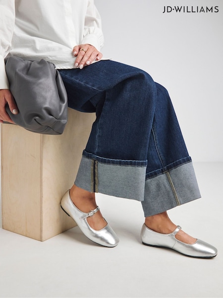 JD Williams Silver Extra Wide Fit Mary Jane Flat Shoes (W49030) | €54