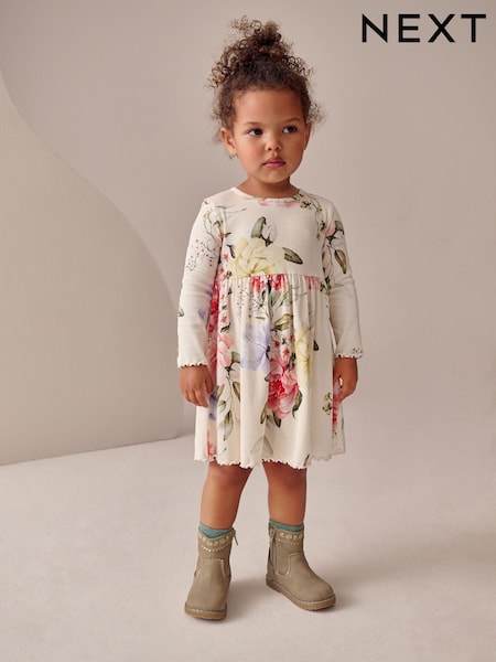 Cream Floral Long Sleeve Ribbed Dress (3mths-7yrs) (W49151) | AED36 - AED46