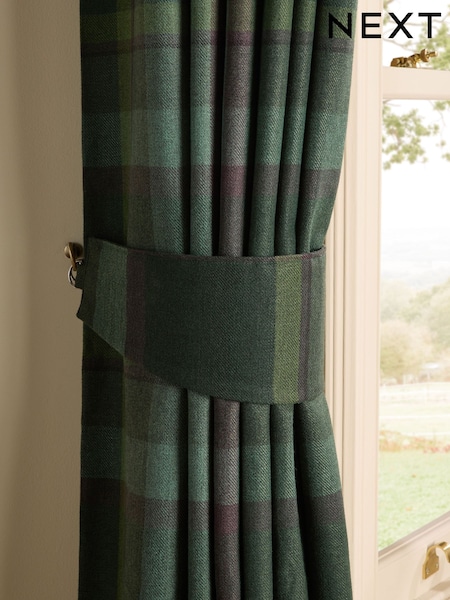 Set of 2 Dark Green Brushed Check Curtain Tie Backs (W49180) | €13