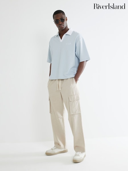 River Island Blue Seersucker Open Neck T-Shirt (W49192) | €42