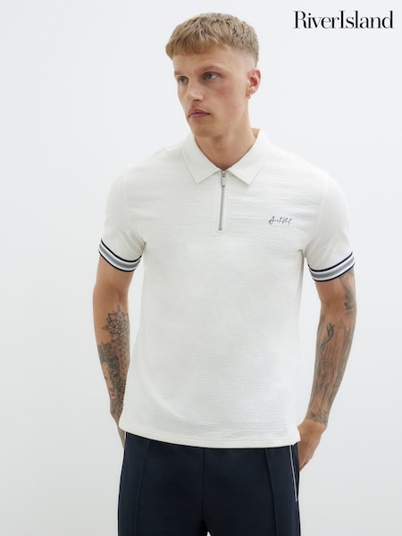 River Island White Slim Fit Tipped Embroidered Polo Shirt (W49195) | €46