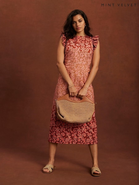 Mint Velvet Orange Printed 100% Cotton Midi Dress (W49219) | €226