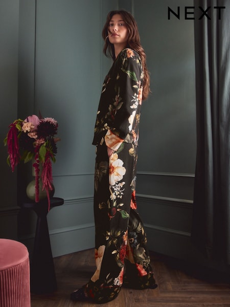 Charcoal Grey Floral Print Jersey Button Through Pyjamas (W49264) | €54