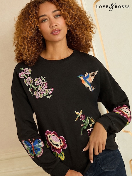 Love & Roses Black Embroidered Bird Crew Neck Jersey Sweatshirt (W49340) | AED208