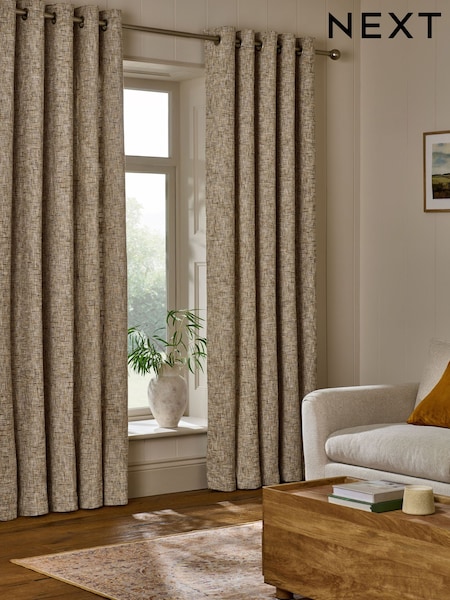 Ochre/Natural Textured Chenille Lined Eyelet Curtains (W49443) | €88 - €190